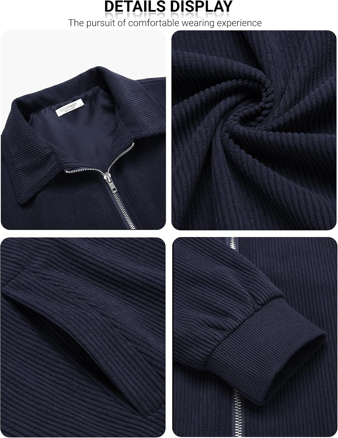 image:imageCOOFANDY Mens Casual Corduroy Jacket Lightweight Zip Up Vintage Jacket Collared Bomber JacketNavy Blue