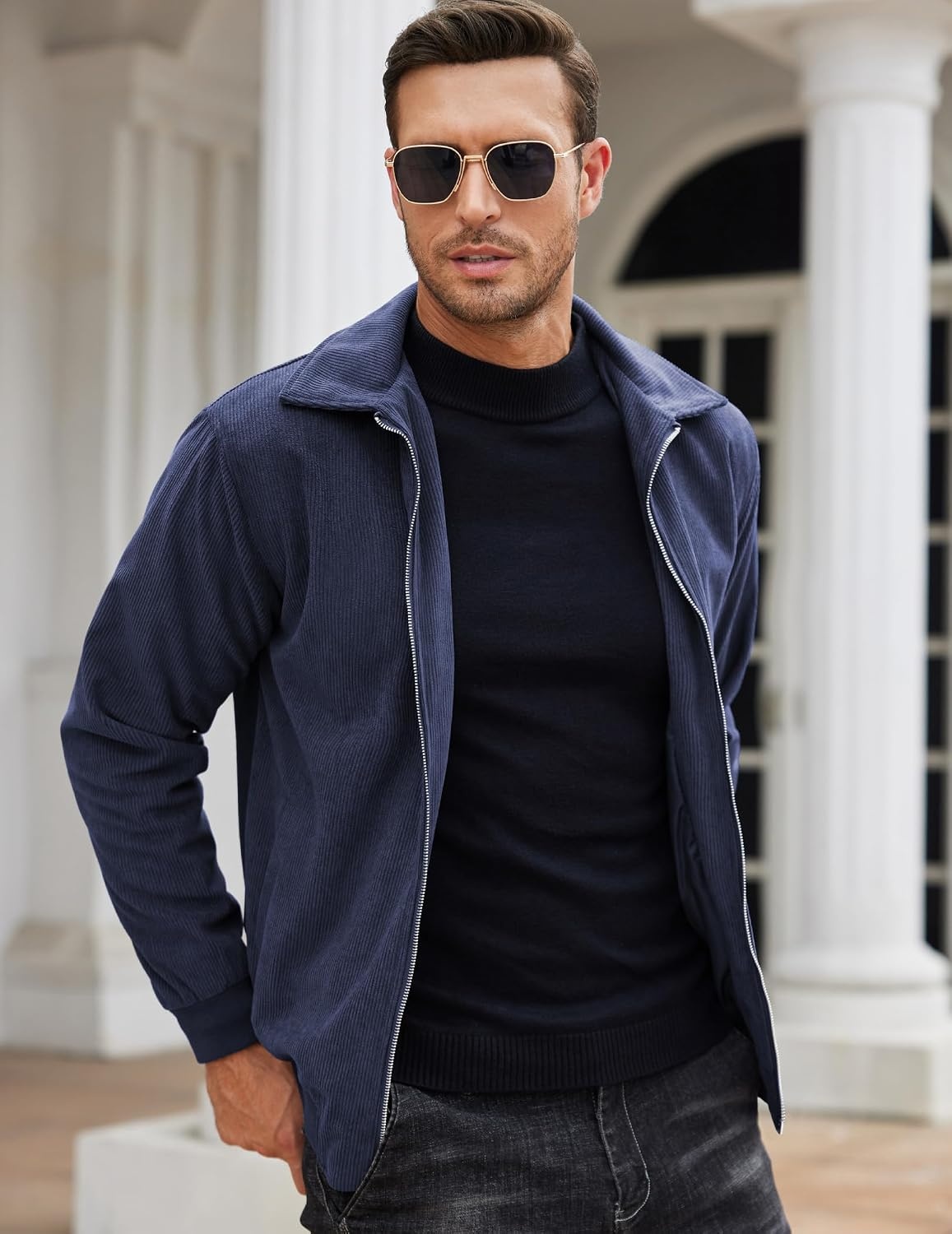 image:imageCOOFANDY Mens Casual Corduroy Jacket Lightweight Zip Up Vintage Jacket Collared Bomber JacketNavy Blue