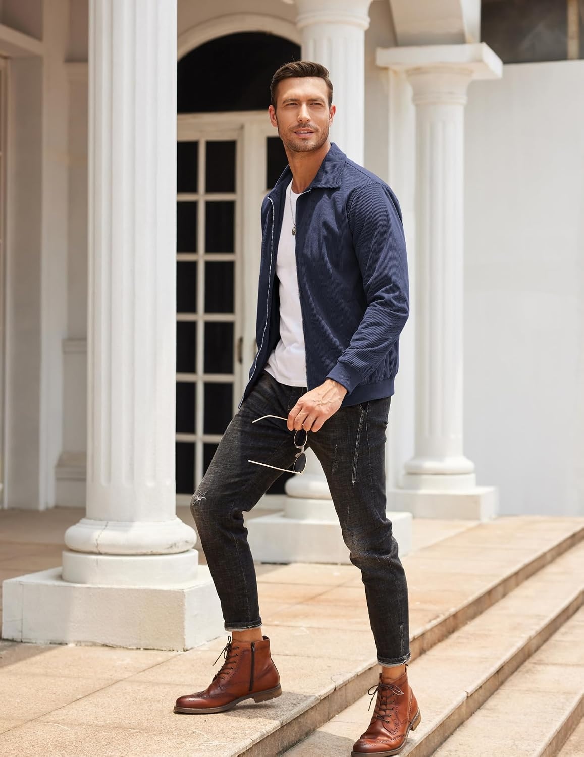 image:imageCOOFANDY Mens Casual Corduroy Jacket Lightweight Zip Up Vintage Jacket Collared Bomber JacketNavy Blue
