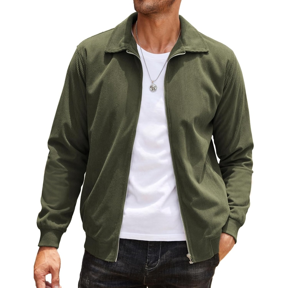 image:imageCOOFANDY Mens Casual Corduroy Jacket Lightweight Zip Up Vintage Jacket Collared Bomber JacketArmy Green