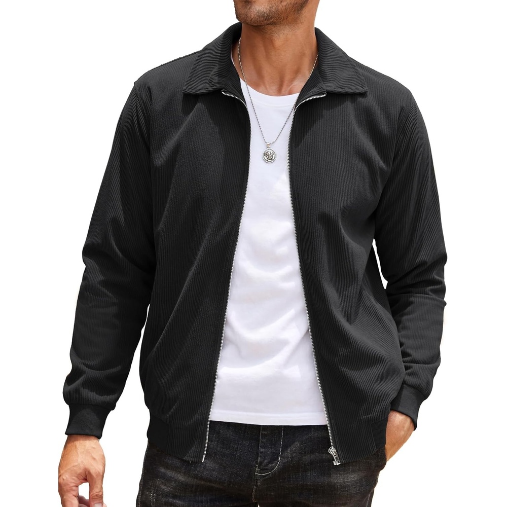 image:imageCOOFANDY Mens Casual Corduroy Jacket Lightweight Zip Up Vintage Jacket Collared Bomber JacketBlack