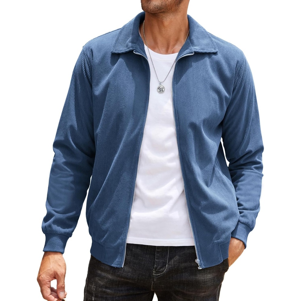 image:imageCOOFANDY Mens Casual Corduroy Jacket Lightweight Zip Up Vintage Jacket Collared Bomber JacketBlue