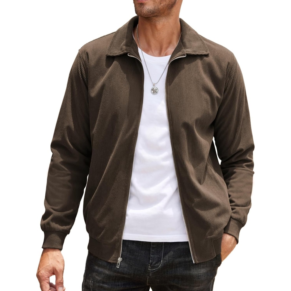 image:imageCOOFANDY Mens Casual Corduroy Jacket Lightweight Zip Up Vintage Jacket Collared Bomber JacketBrown