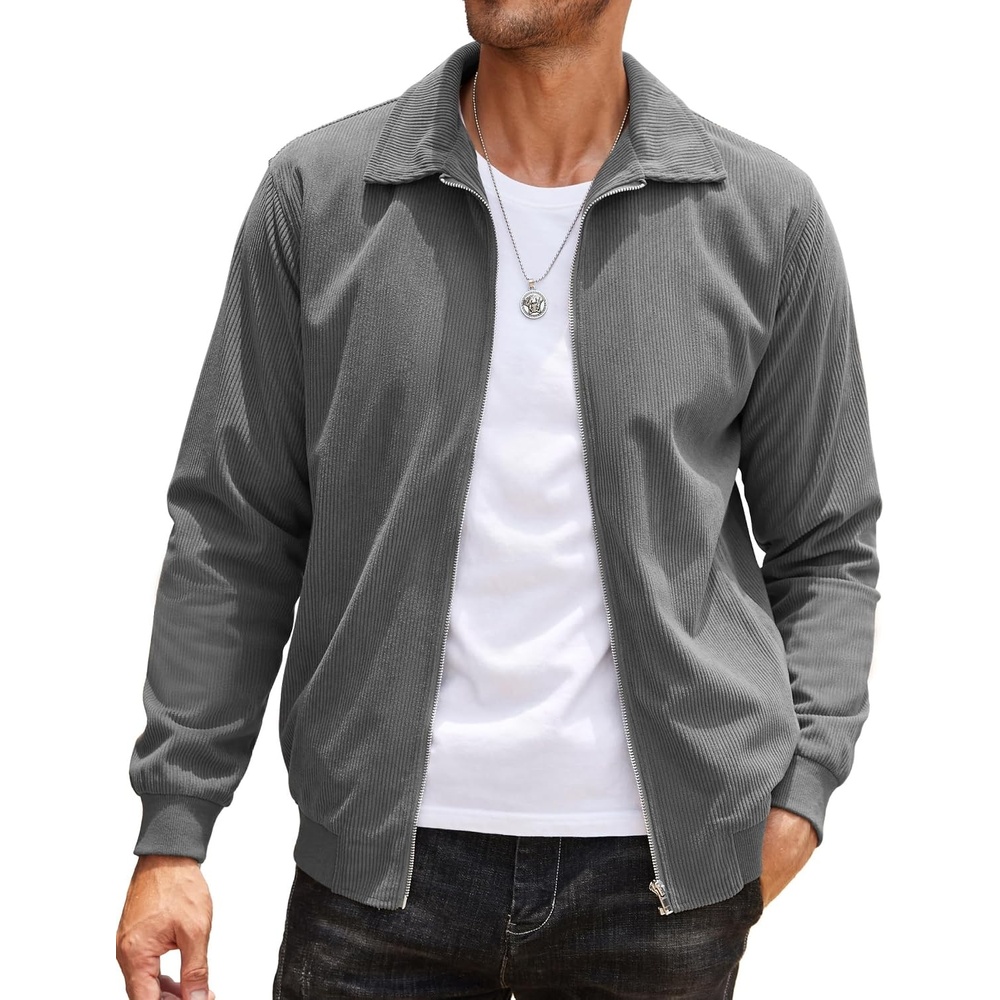 image:imageCOOFANDY Mens Casual Corduroy Jacket Lightweight Zip Up Vintage Jacket Collared Bomber JacketDark Grey