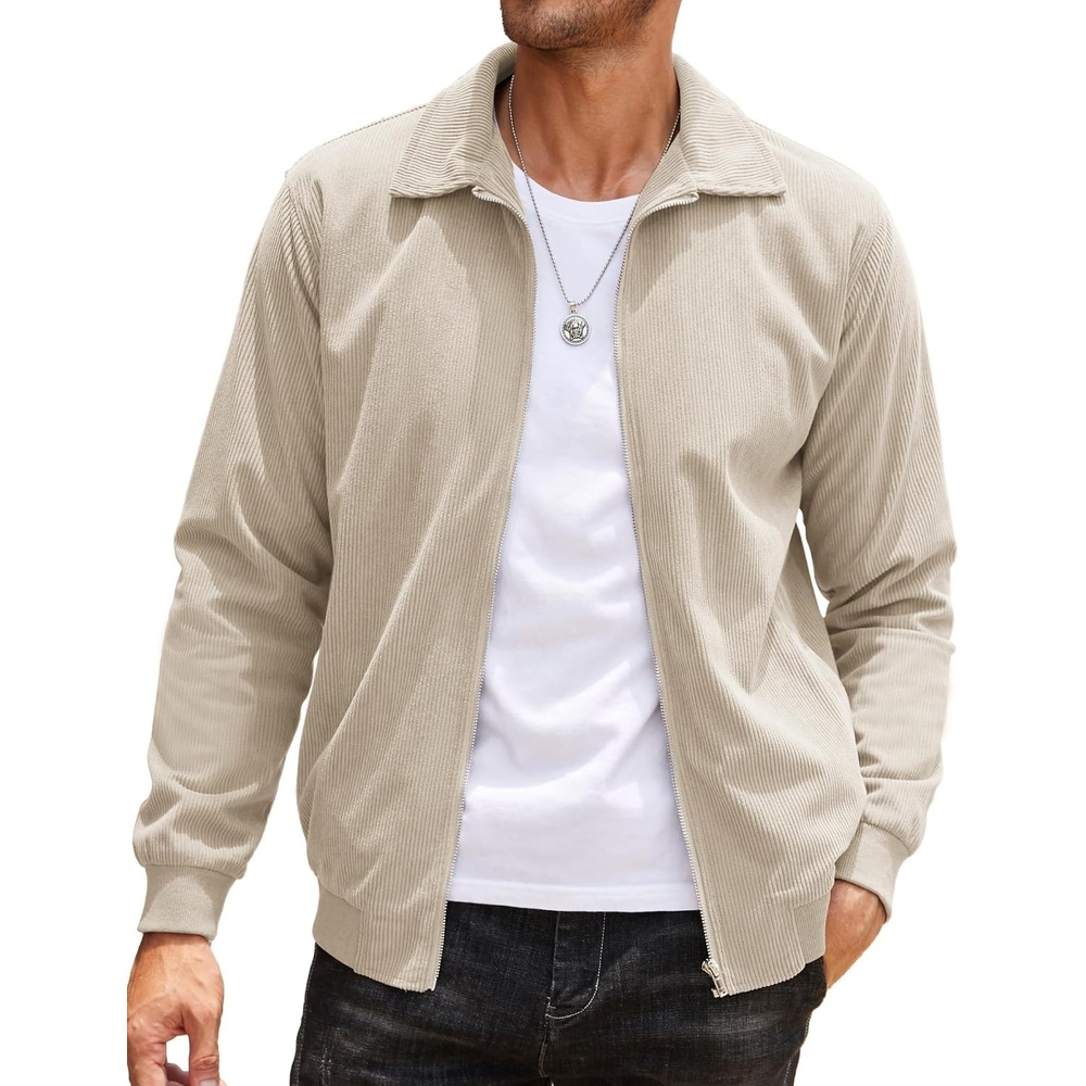 image:imageCOOFANDY Mens Casual Corduroy Jacket Lightweight Zip Up Vintage Jacket Collared Bomber JacketKhaki
