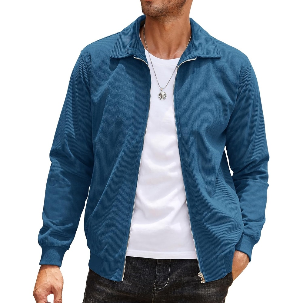 image:imageCOOFANDY Mens Casual Corduroy Jacket Lightweight Zip Up Vintage Jacket Collared Bomber JacketLake Blue