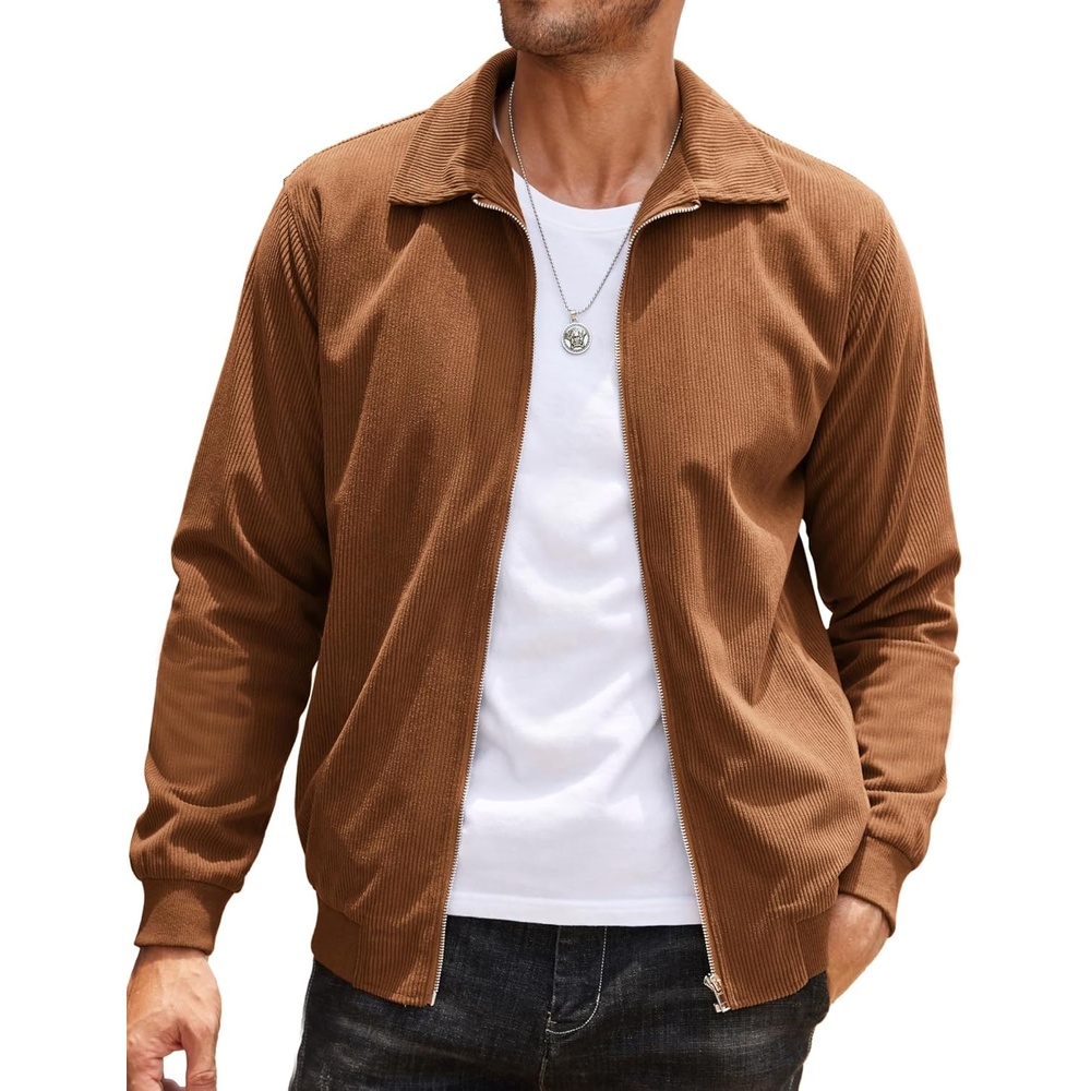 image:imageCOOFANDY Mens Casual Corduroy Jacket Lightweight Zip Up Vintage Jacket Collared Bomber JacketLight Brown