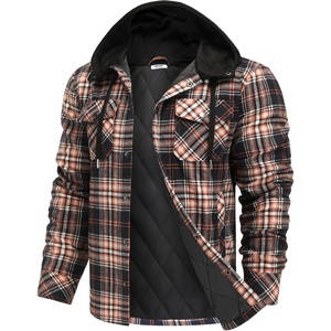 image:imageCOOFANDY Flannel Jacket for Men Quilted Lined Shacket Long Sleeve Button Down Hoodie Shirt JacketsOrange Navy Plaid
