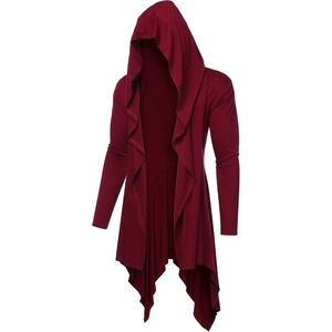 image:imageCOOFANDY Long Hooded Cardigan Ruffle Shawl Collar Open Front Lightweight Drape Cape Overcoat with PocketsWine Red