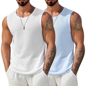 image:imageCOOFANDY Mens Casual Tank Tops 2 Pack Waffle Knit Sleeveless Shirt Breathable Tank Shirts Summer Muscle TeeWhiteLight Blue