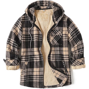 image:imageCOOFANDY Mens Flannel Fleece Jacket Sherpa Lined Shirt Jacket Plaid Zip Up Hoodie Soft Warm Coat with HoodDkhaki Line