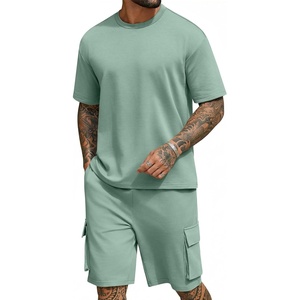 image:imageCOOFANDY Mens Shirt and Shorts Set 2 Piece Fashion Summer Tracksuits Cotton Oversized TShirts Cargo Shorts OutfitsGrey Green