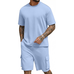 image:imageCOOFANDY Mens Shirt and Shorts Set 2 Piece Fashion Summer Tracksuits Cotton Oversized TShirts Cargo Shorts OutfitsLight Blue