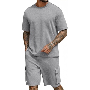 image:imageCOOFANDY Mens Shirt and Shorts Set 2 Piece Fashion Summer Tracksuits Cotton Oversized TShirts Cargo Shorts OutfitsLight Grey