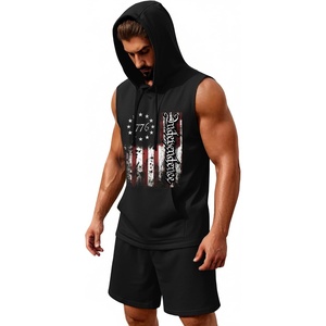 image:imageCOOFANDY Mens Sleeveless Workout Hoodie Shorts Set 2 Piece Outfits Hooded Tank Tops Gym Tracksuit SweatsuitsBlack Flag Printed