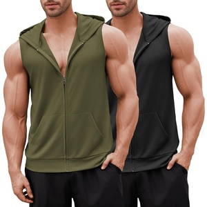image:imageCOOFANDY Mens Workout Hooded Tank Tops 2 Pack Zip Up Sleeveless Gym Shirts Muscle Cut Off T Shirt Bodybuilding HoodiesArmy GreenBlack2pcs