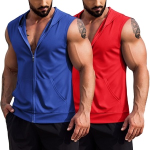 image:imageCOOFANDY Mens Workout Hooded Tank Tops 2 Pack Zip Up Sleeveless Gym Shirts Muscle Cut Off T Shirt Bodybuilding HoodiesBlueRed2pcs