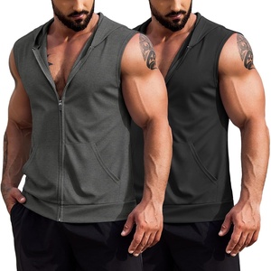 image:imageCOOFANDY Mens Workout Hooded Tank Tops 2 Pack Zip Up Sleeveless Gym Shirts Muscle Cut Off T Shirt Bodybuilding HoodiesDark GreyBlack2pcs