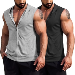 image:imageCOOFANDY Mens Workout Hooded Tank Tops 2 Pack Zip Up Sleeveless Gym Shirts Muscle Cut Off T Shirt Bodybuilding HoodiesLight GreyBlack2pcs