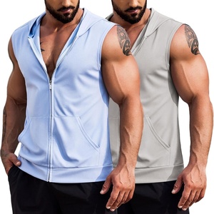 image:imageCOOFANDY Mens Workout Hooded Tank Tops 2 Pack Zip Up Sleeveless Gym Shirts Muscle Cut Off T Shirt Bodybuilding HoodiesLight GreySky Blue2pcs