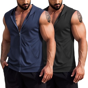 image:imageCOOFANDY Mens Workout Hooded Tank Tops 2 Pack Zip Up Sleeveless Gym Shirts Muscle Cut Off T Shirt Bodybuilding HoodiesNavyBlack2pcs