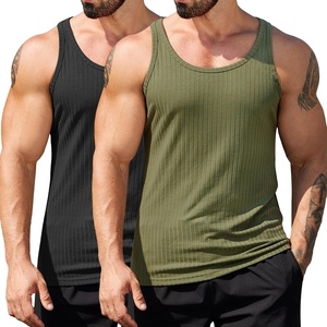 image:imageCOOFANDY Mens Workout Tank Top Ribbed Knit Sleeveless Gym Muscle T Shirts Bodybuilding TeeBlackArmy Green 2 Pcs