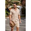 image:imageCOOFANDY Mens 2 Piece Outfit Vintage Short Sleeve Button Down Knit Polo Shirts Casual Beach Shorts Sets01light Khaki