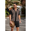 image:imageCOOFANDY Mens 2 Piece Outfit Vintage Short Sleeve Button Down Knit Polo Shirts Casual Beach Shorts SetsBlack  Brown