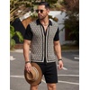 image:imageCOOFANDY Mens 2 Piece Outfit Vintage Short Sleeve Button Down Knit Polo Shirts Casual Beach Shorts SetsBlack  Light Khaki