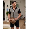 image:imageCOOFANDY Mens 2 Piece Outfit Vintage Short Sleeve Button Down Knit Polo Shirts Casual Beach Shorts SetsBlack  Light Khaki