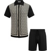 image:imageCOOFANDY Mens 2 Piece Outfit Vintage Short Sleeve Button Down Knit Polo Shirts Casual Beach Shorts SetsBlack  Light Khaki