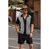 image:imageCOOFANDY Mens 2 Piece Outfit Vintage Short Sleeve Button Down Knit Polo Shirts Casual Beach Shorts SetsBlack