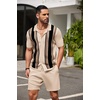 image:imageCOOFANDY Mens 2 Piece Outfit Vintage Short Sleeve Button Down Knit Polo Shirts Casual Beach Shorts SetsBlack Stripe