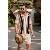 image:imageCOOFANDY Mens 2 Piece Outfit Vintage Short Sleeve Button Down Knit Polo Shirts Casual Beach Shorts SetsBlack Stripe