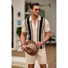 image:imageCOOFANDY Mens 2 Piece Outfit Vintage Short Sleeve Button Down Knit Polo Shirts Casual Beach Shorts SetsBlack Stripe