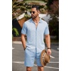 image:imageCOOFANDY Mens 2 Piece Outfit Vintage Short Sleeve Button Down Knit Polo Shirts Casual Beach Shorts SetsBlue  White