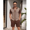 image:imageCOOFANDY Mens 2 Piece Outfit Vintage Short Sleeve Button Down Knit Polo Shirts Casual Beach Shorts SetsBrown  Light Khaki