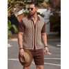image:imageCOOFANDY Mens 2 Piece Outfit Vintage Short Sleeve Button Down Knit Polo Shirts Casual Beach Shorts SetsBrown  Light Khaki
