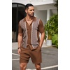 image:imageCOOFANDY Mens 2 Piece Outfit Vintage Short Sleeve Button Down Knit Polo Shirts Casual Beach Shorts SetsBrown