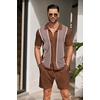 image:imageCOOFANDY Mens 2 Piece Outfit Vintage Short Sleeve Button Down Knit Polo Shirts Casual Beach Shorts SetsBrown