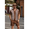 image:imageCOOFANDY Mens 2 Piece Outfit Vintage Short Sleeve Button Down Knit Polo Shirts Casual Beach Shorts SetsBrown
