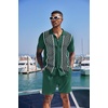 image:imageCOOFANDY Mens 2 Piece Outfit Vintage Short Sleeve Button Down Knit Polo Shirts Casual Beach Shorts SetsDark Green