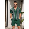 image:imageCOOFANDY Mens 2 Piece Outfit Vintage Short Sleeve Button Down Knit Polo Shirts Casual Beach Shorts SetsDark Green