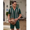image:imageCOOFANDY Mens 2 Piece Outfit Vintage Short Sleeve Button Down Knit Polo Shirts Casual Beach Shorts SetsGreen Stripes