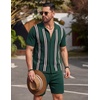 image:imageCOOFANDY Mens 2 Piece Outfit Vintage Short Sleeve Button Down Knit Polo Shirts Casual Beach Shorts SetsGreen Stripes