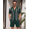 image:imageCOOFANDY Mens 2 Piece Outfit Vintage Short Sleeve Button Down Knit Polo Shirts Casual Beach Shorts SetsGreen Stripes