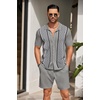 image:imageCOOFANDY Mens 2 Piece Outfit Vintage Short Sleeve Button Down Knit Polo Shirts Casual Beach Shorts SetsGrey