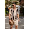 image:imageCOOFANDY Mens 2 Piece Outfit Vintage Short Sleeve Button Down Knit Polo Shirts Casual Beach Shorts SetsKhaki  Black