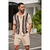 image:imageCOOFANDY Mens 2 Piece Outfit Vintage Short Sleeve Button Down Knit Polo Shirts Casual Beach Shorts SetsKhaki  Black