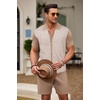 image:imageCOOFANDY Mens 2 Piece Outfit Vintage Short Sleeve Button Down Knit Polo Shirts Casual Beach Shorts SetsKhaki  White